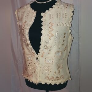 𝅺NWT Carson PBJ Cream 100% Wool Vest Trim EMBELLISHED Sleeveless Cardigan